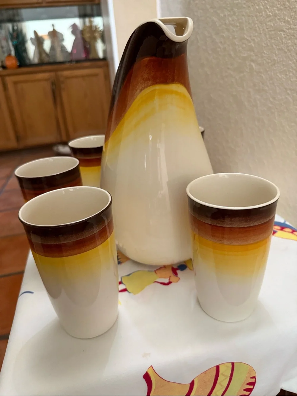 Retro Ceramic Pitcher and 5 Tumblers - Brown, Amber & Cream